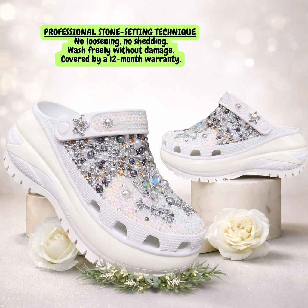Cloud Bloom Crystal Clogs – Pearl White